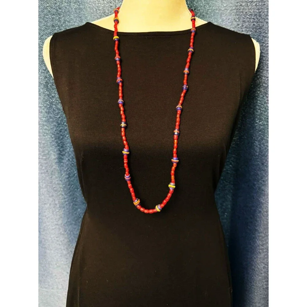 Vintage Jewelry Glass Beaded Long Necklace Handmade African Red Boho Y2K Artisan